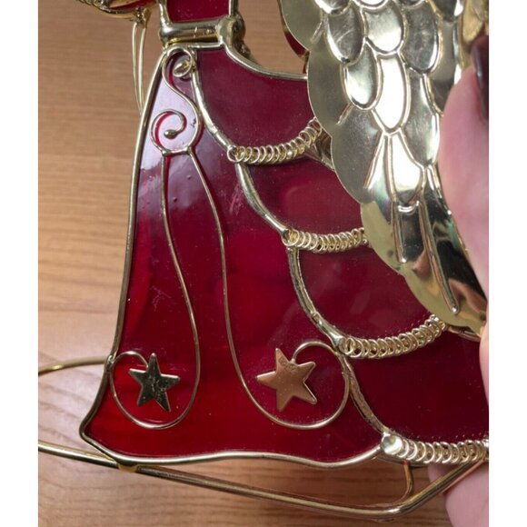 Vtg Stained Glass Christmas Angel Candle Holder Red & Gold 9inch Holding Trumpet - Picture 5 of 10